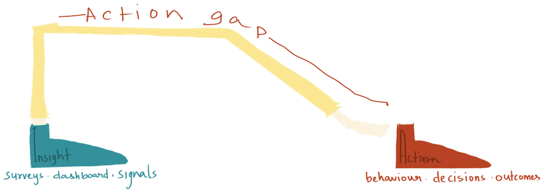 Diagram: insight (surveys, dashboards, signals) bridged by a dashed action gap to action (behaviour, decisions, outcomes)